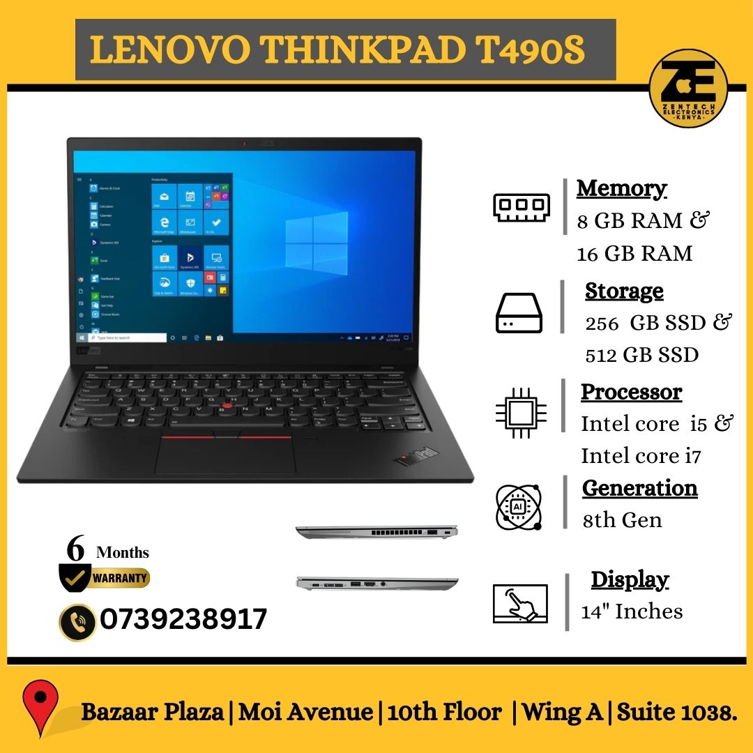 Lenovo ThinkPad T490s laptop with 8th Gen processor, displayed with its screen on, showing the Windows desktop. It is shown with a black keyboard and a 14-inch screen.